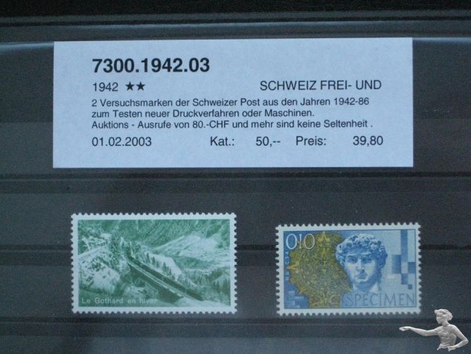 2x Versuchsmarken der Schweizer Post 1942 - 1986